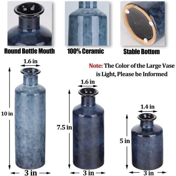 Blue Ceramic Vases Set-3 Blue Small Vase Fireplace Décor and Entrance Decoration - Picture 6 of 8